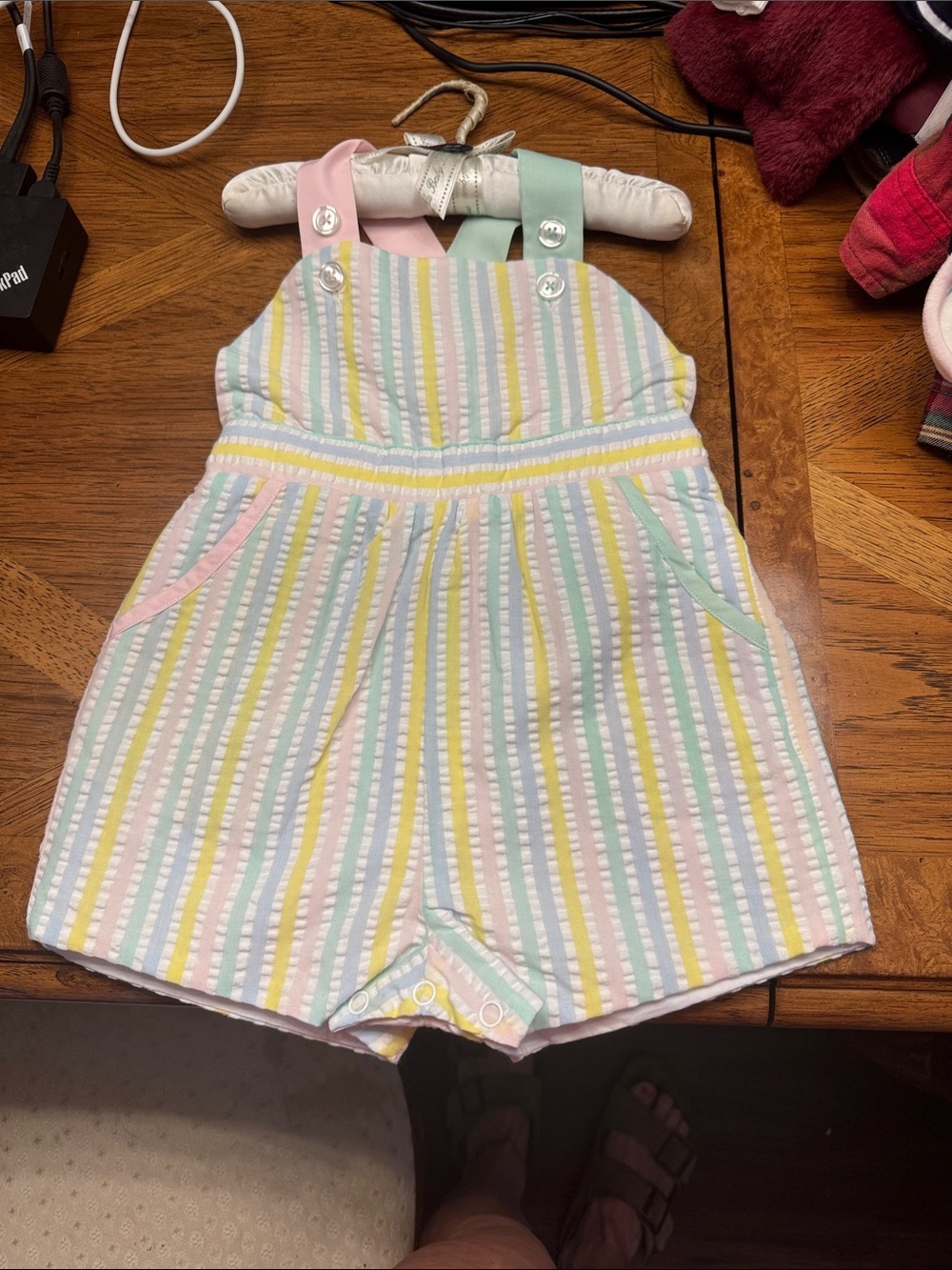 Girls Pastel Stripe Seersucker Romper Overalls